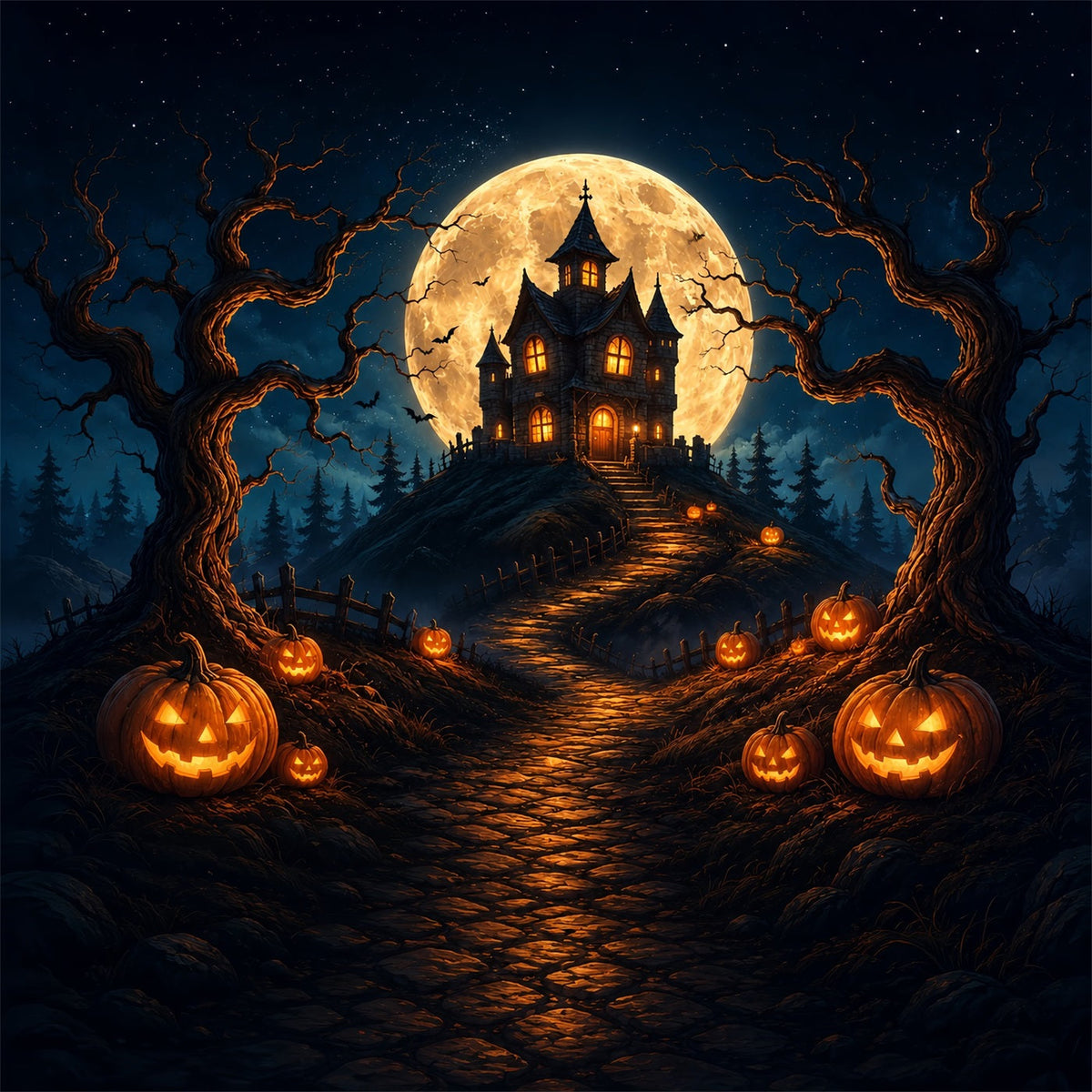 Décor Photo D'Halloween Maison Hantée Avec Citrouille Au Clair De LuneDécor À Faire Soi-Même ZTT67-20