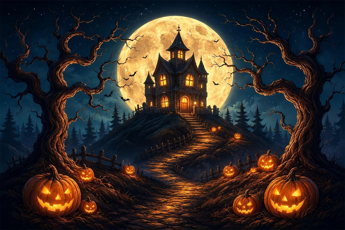 Décor Photo D'Halloween Maison Hantée Avec Citrouille Au Clair De LuneDécor À Faire Soi-Même ZTT67-20