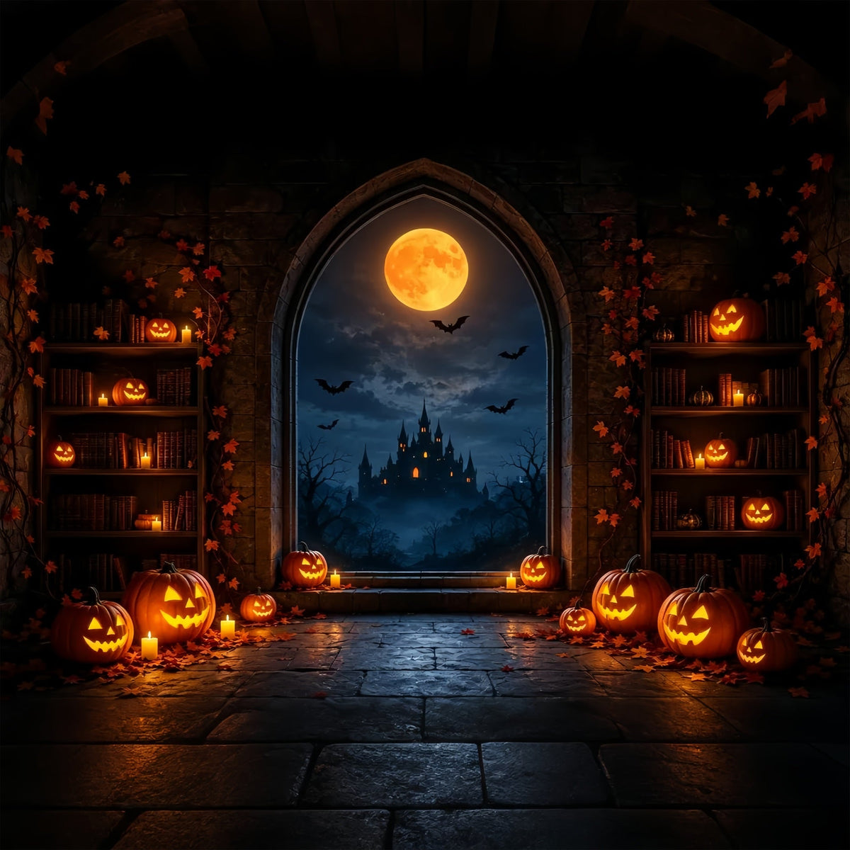 Décor De Lune D'Halloween Ctrouille Bibliothèque Château Fenêtre Décors Photo D'Halloween ZTT67-28