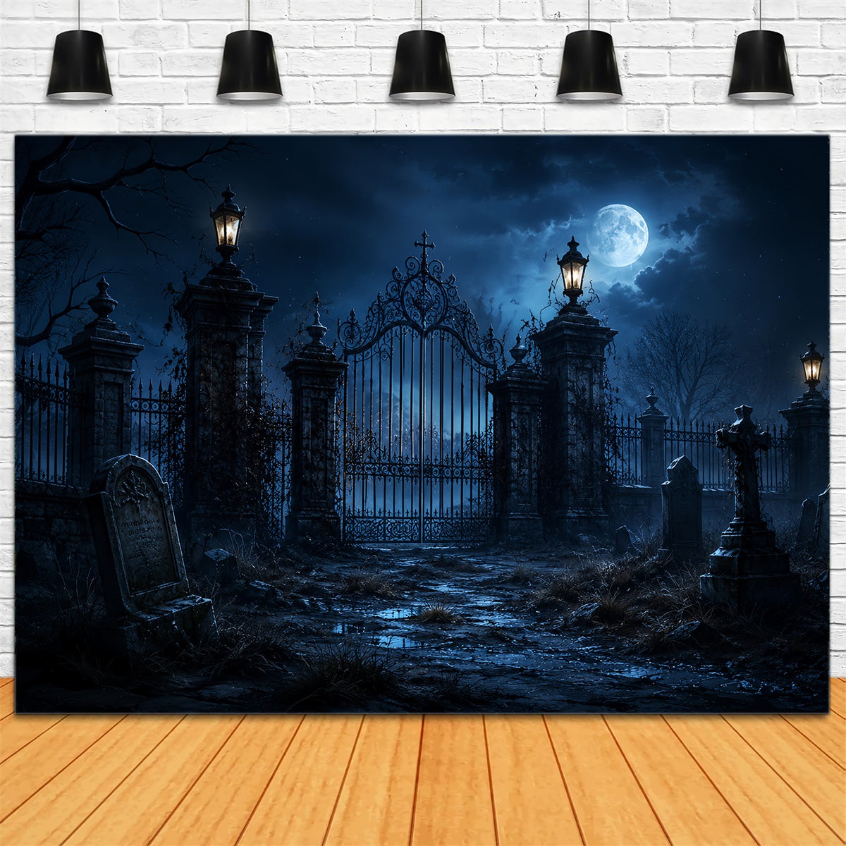 Décor De Cimetière Gothique Avec Porte Au Clair De LuneDécor D'Halloween Extérieur ZTT67-29