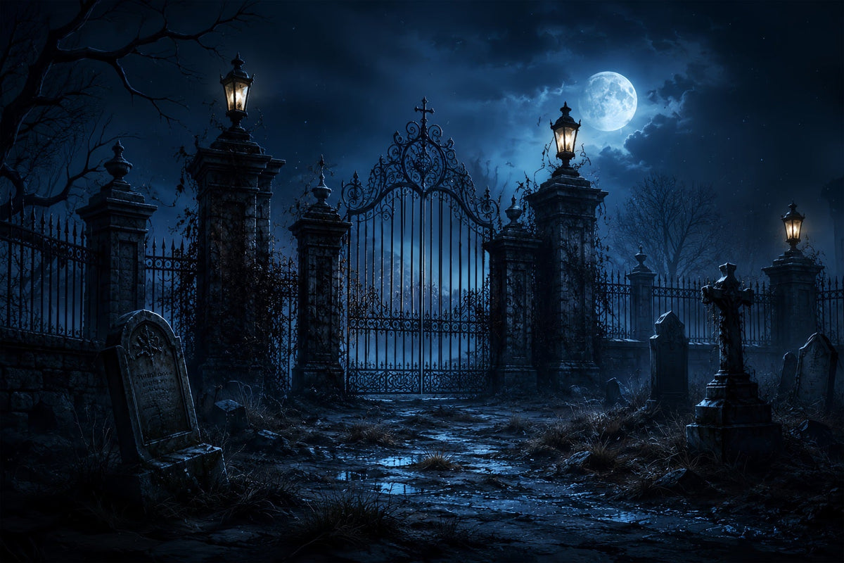 Décor De Cimetière Gothique Avec Porte Au Clair De LuneDécor D'Halloween Extérieur ZTT67-29