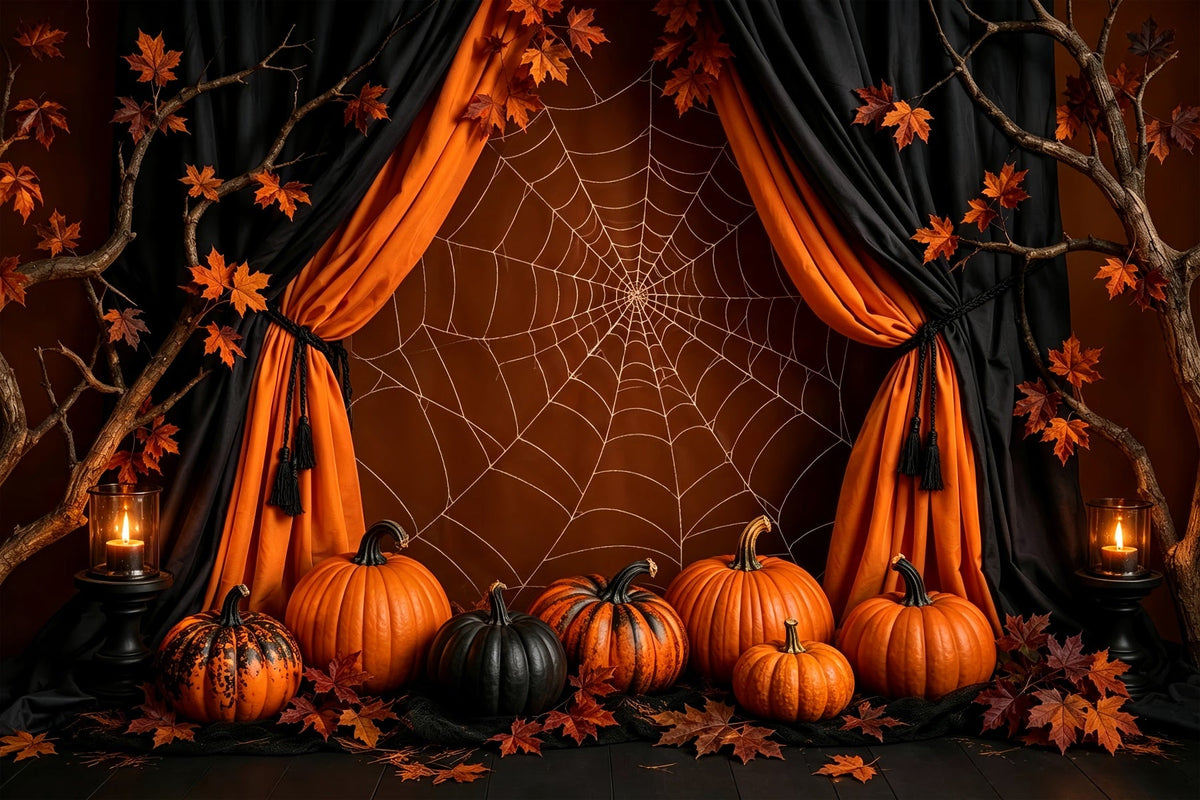 Décor De Citrouille D'Halloween Avec Toile D'Araignée OrangeIdées De Décor Photo Pour Halloween ZTT67-32