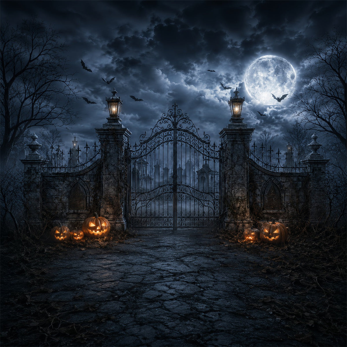Idées De Décors Pour Photomaton D'Halloween Porte De Cimetière Éclairée Par La Lune Et Citrouilles ZTT67-35
