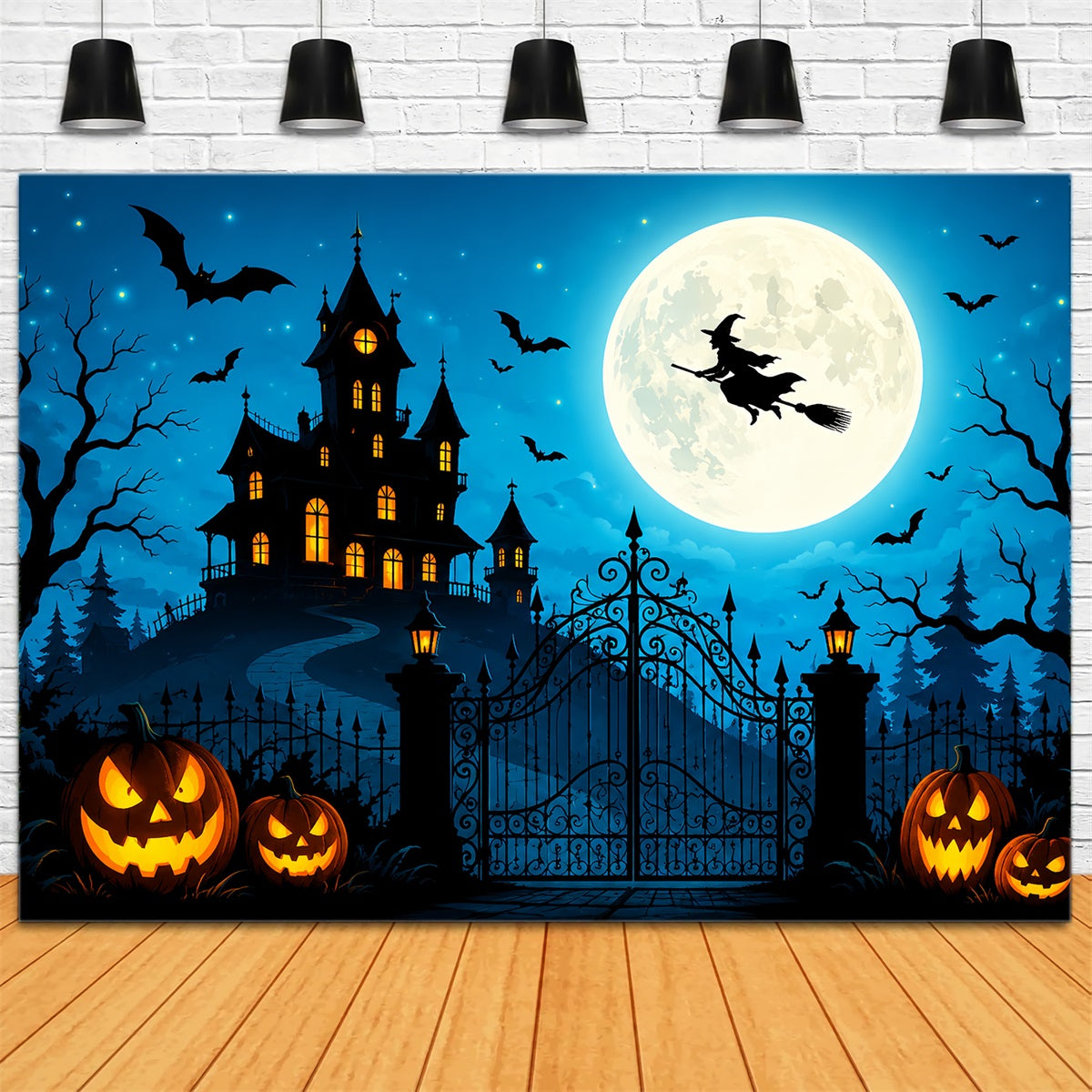Décor De Château D'Halloween Avec Sorcière Volante Et Citrouille Grande Toile De Fond D'Halloween ZTT67-36