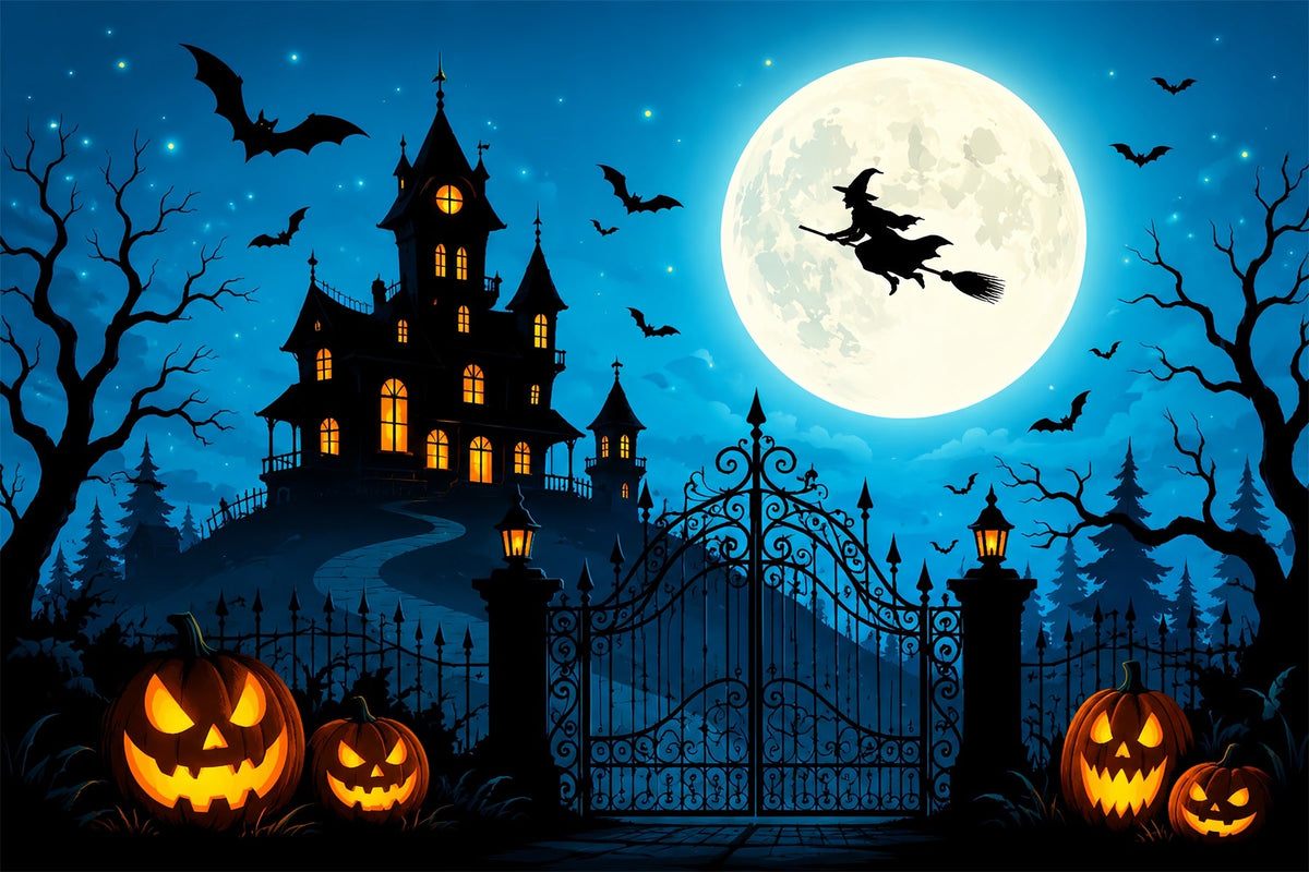 Décor De Château D'Halloween Avec Sorcière Volante Et Citrouille Grande Toile De Fond D'Halloween ZTT67-36