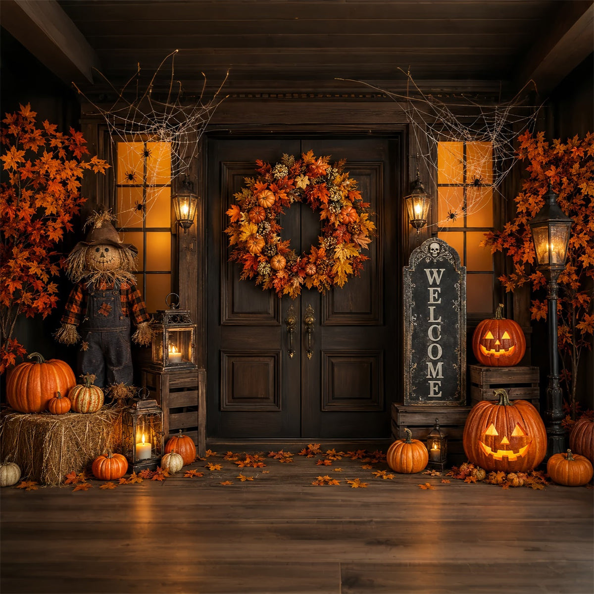 Décor De Porche Pour Photomaton D'Halloween Couronne De Citrouilles Épouvantail Décor D'Halloween ZTT67-4