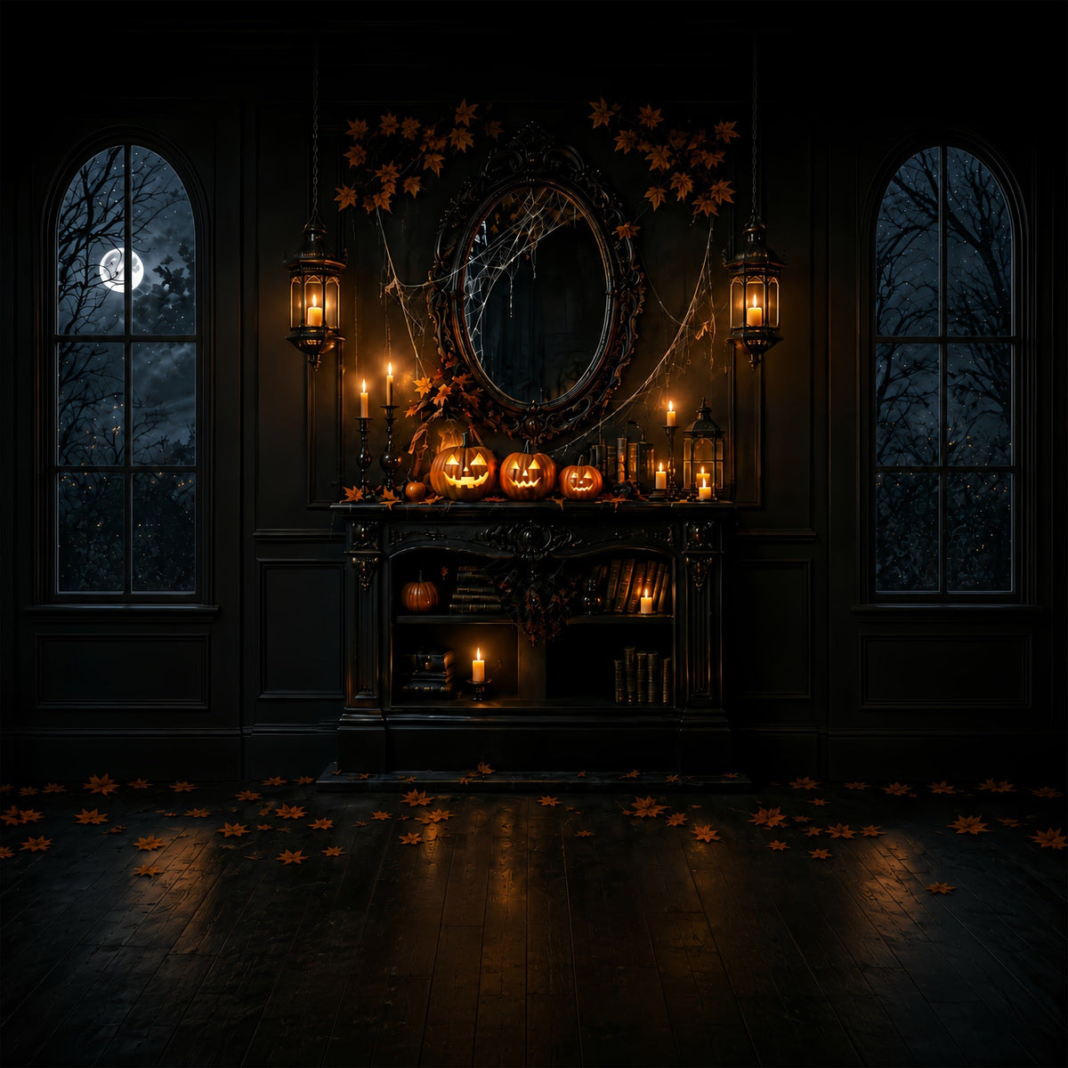 Décor De Fond Pour Photomaton D'Halloween Citrouille Gothique Bougie Cheminée Décor ZTT67-40