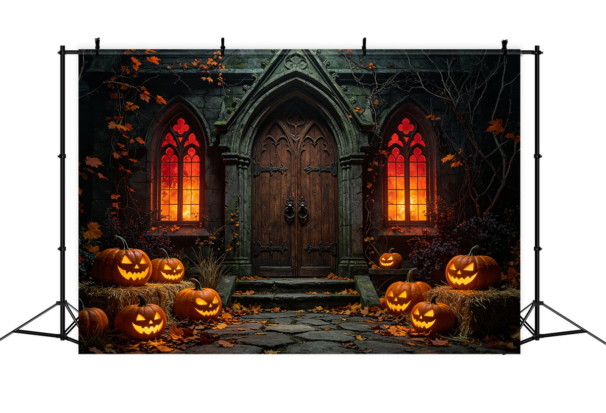 Décor De Fond D'Halloween Extérieur Gothique Citrouille Citrouille Entrée Chapelle Décor Photo Halloween ZTT67-41