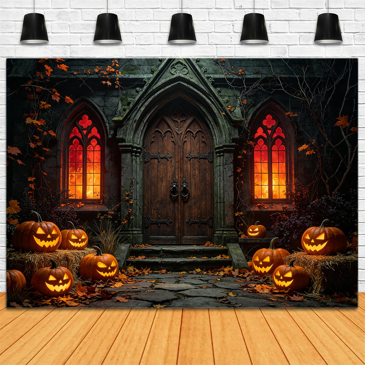 Décor De Fond D'Halloween Extérieur Gothique Citrouille Citrouille Entrée Chapelle Décor Photo Halloween ZTT67-41