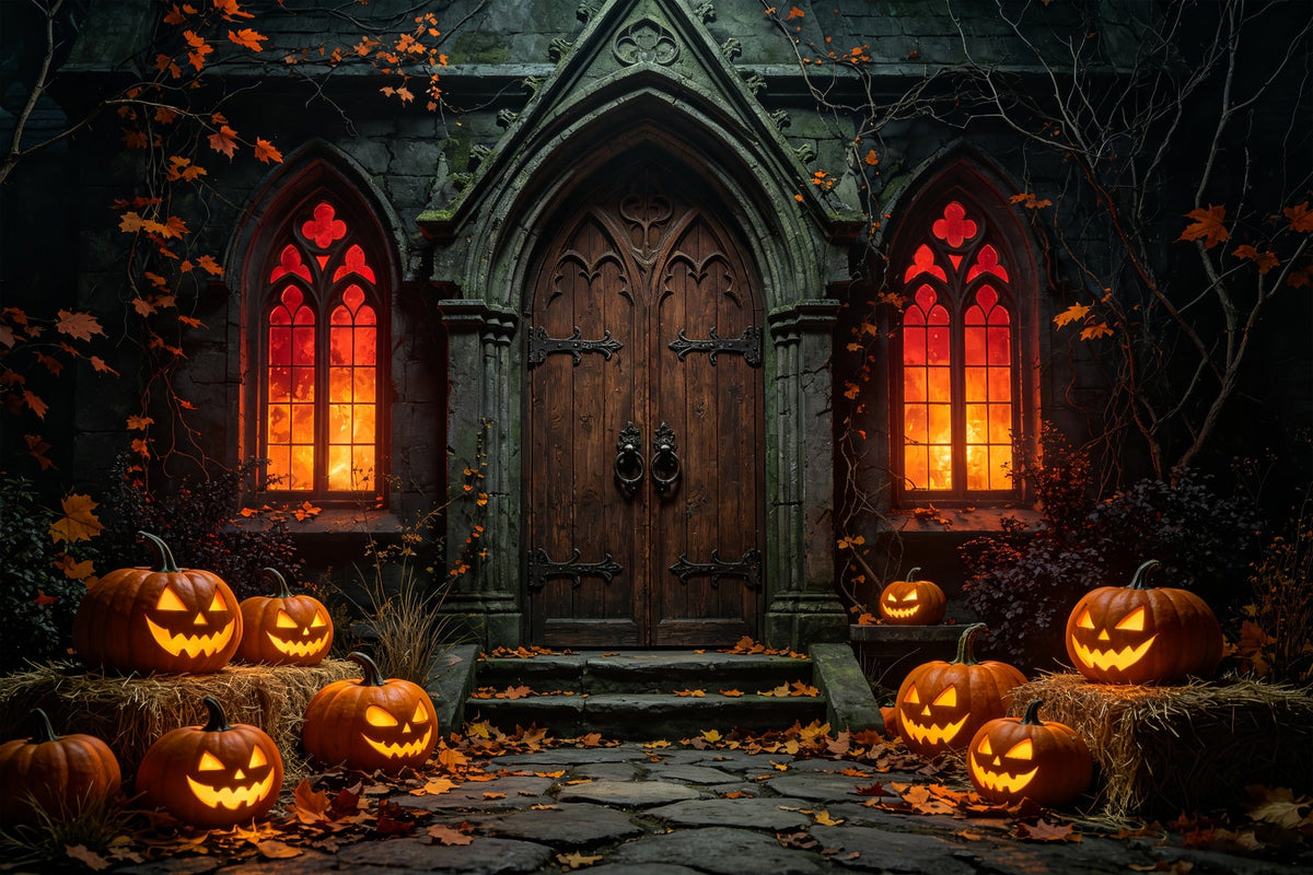 Décor De Fond D'Halloween Extérieur Gothique Citrouille Citrouille Entrée Chapelle Décor Photo Halloween ZTT67-41