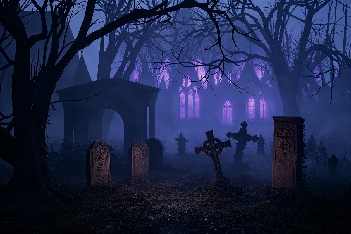 Décor De Cimetière D'Halloween Ruines De Cimetière Violettes Brumeuses Décor De Photomaton Halloween ZTT67-42