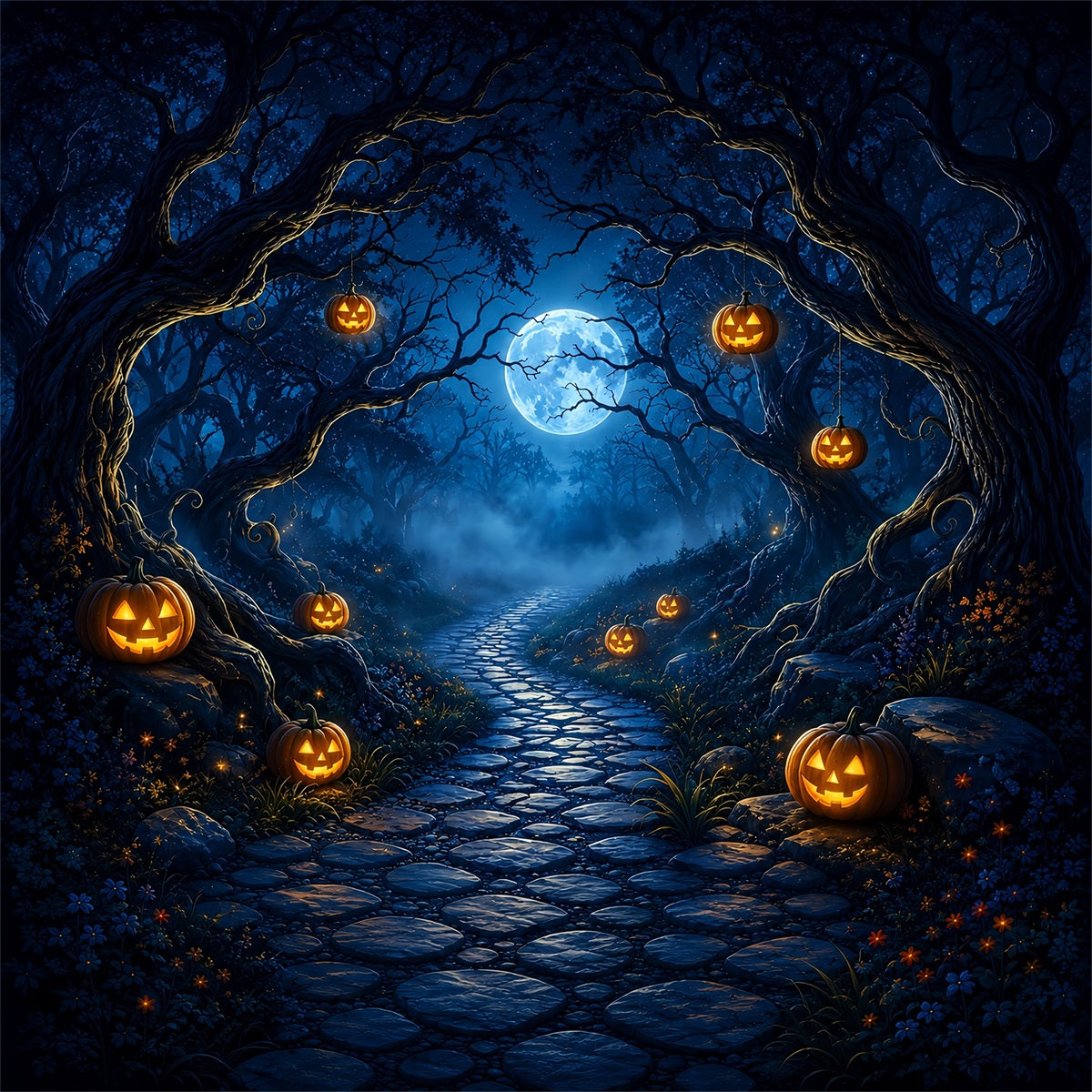 Décor D'Halloween Effrayant Chemin Forestier De Citrouilles Au Clair De Lune Décor D'Halloween Effrayant  ZTT67-44