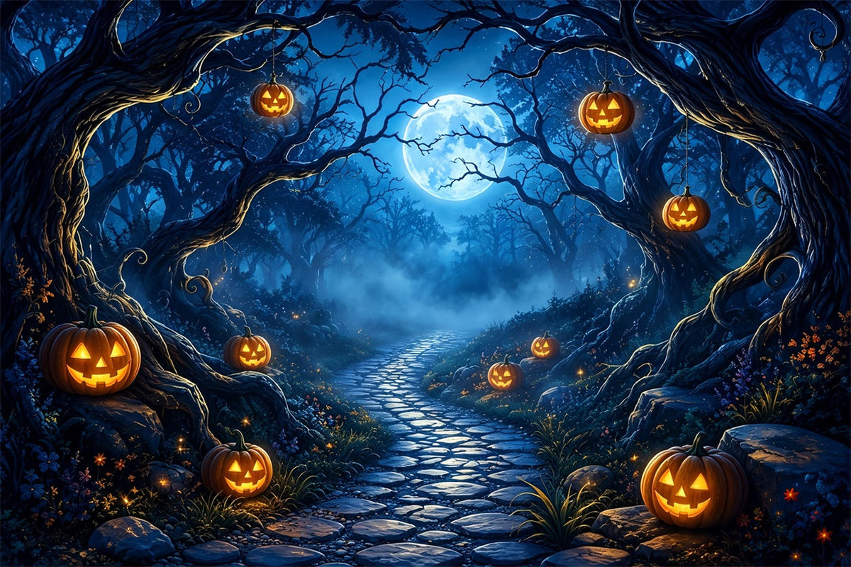 Décor D'Halloween Effrayant Chemin Forestier De Citrouilles Au Clair De Lune Décor D'Halloween Effrayant  ZTT67-44