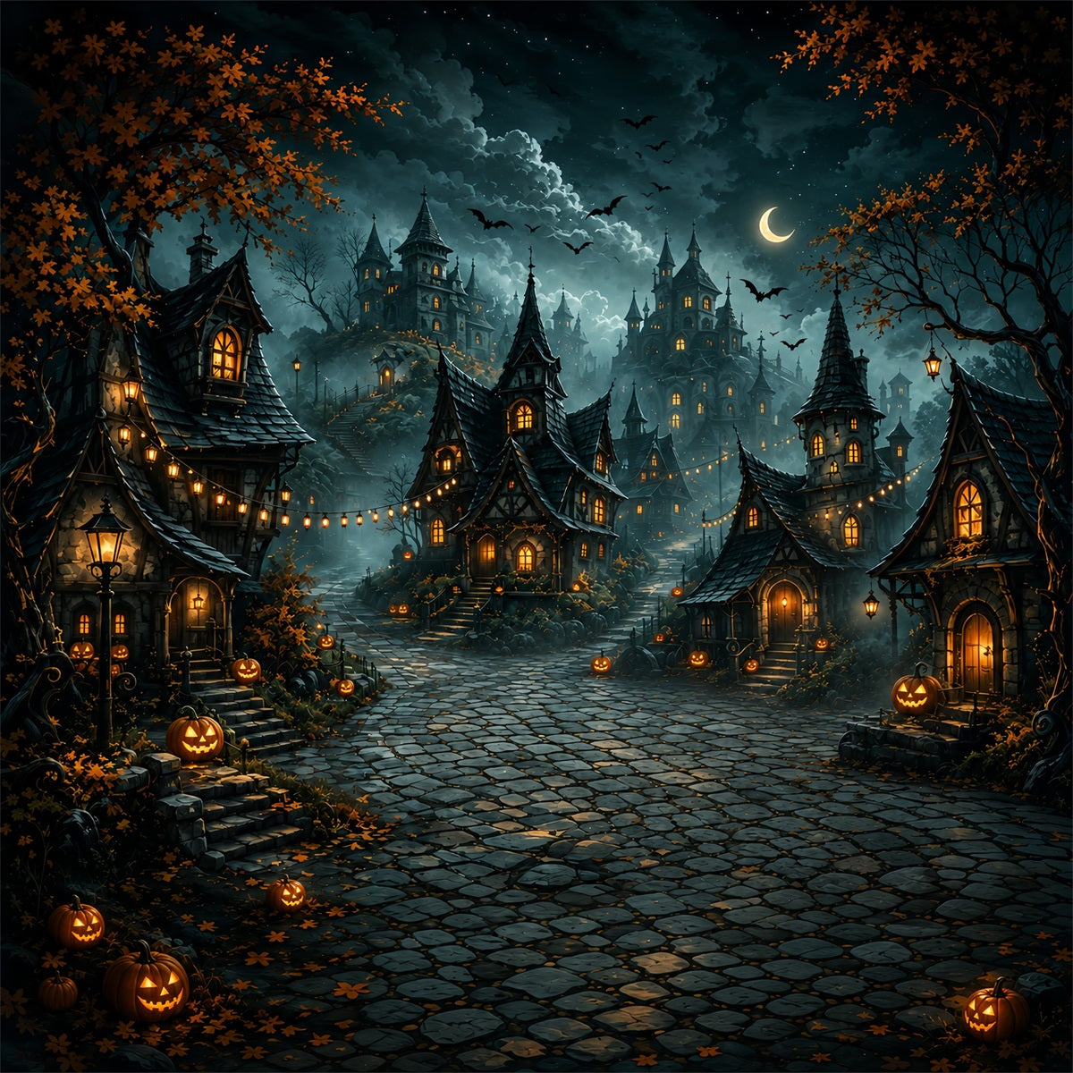 Toile De Fond D'Halloween En Tissu Motif Croissant De Lune Et Village De CitrouillesPour Photos ZTT67-49