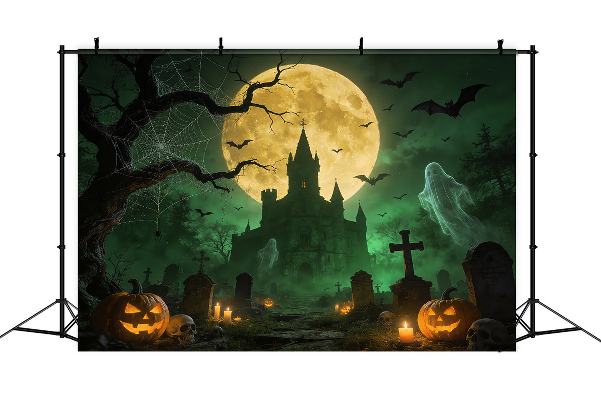 Décor De Fond Fantôme Araignée Château Hanté Cimetière Lune Halloween Pour Photos ZTT67-52