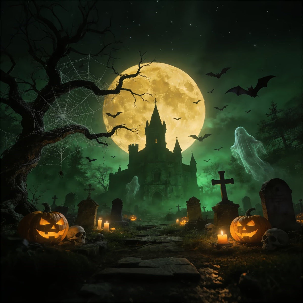 Décor De Fond Fantôme Araignée Château Hanté Cimetière Lune Halloween Pour Photos ZTT67-52