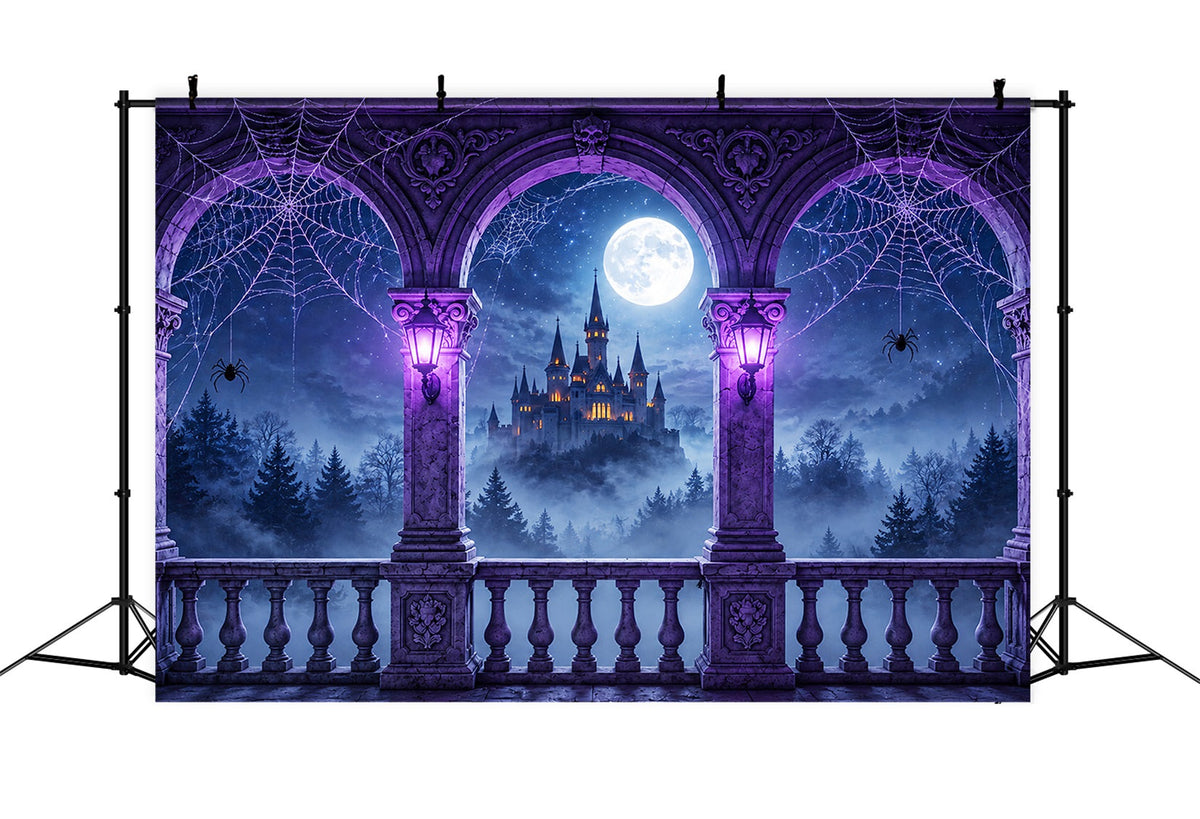 Décor De Fond Araignée VioletteToile D'Araignée Château Balcon Halloween Photographie ZTT67-54