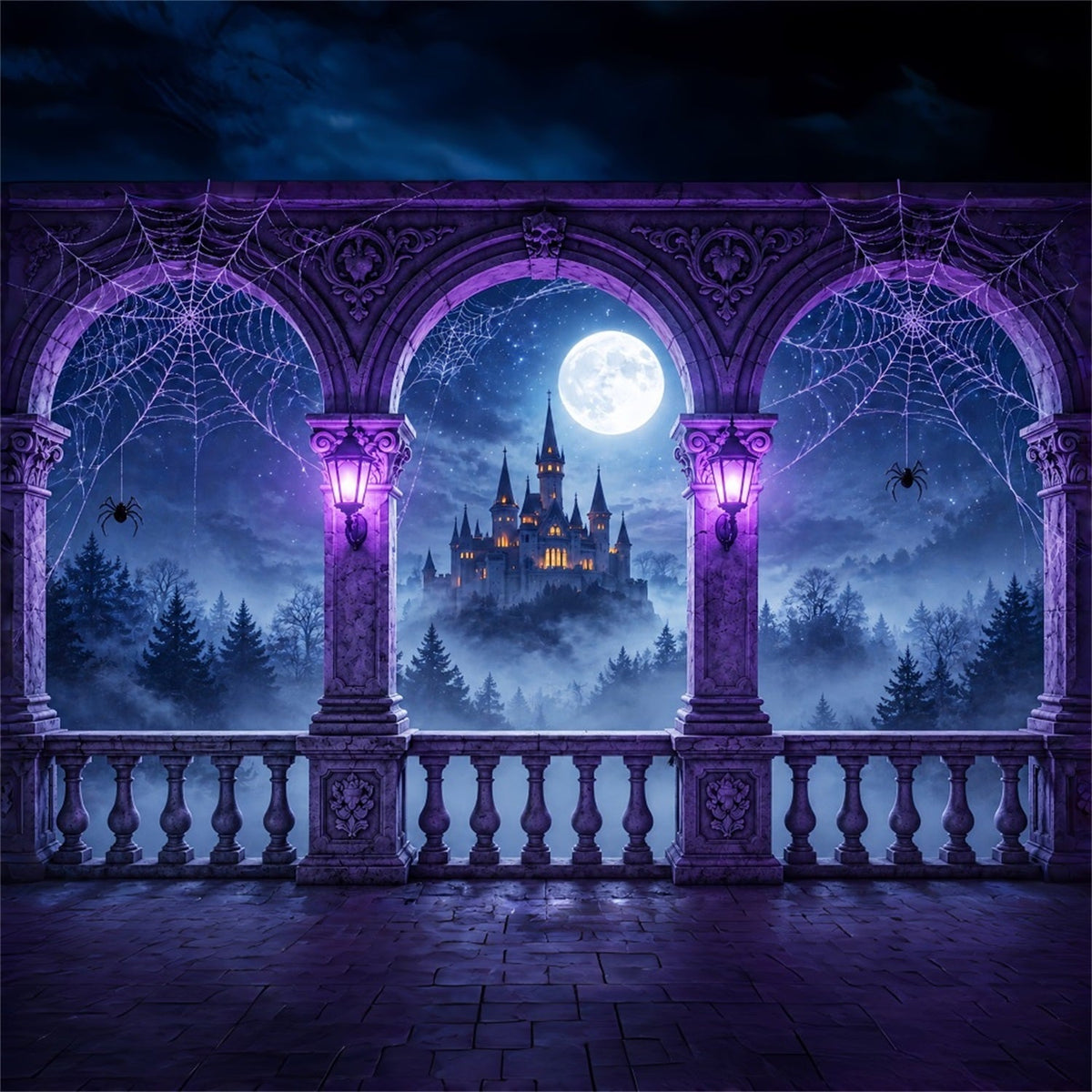 Décor De Fond Araignée VioletteToile D'Araignée Château Balcon Halloween Photographie ZTT67-54