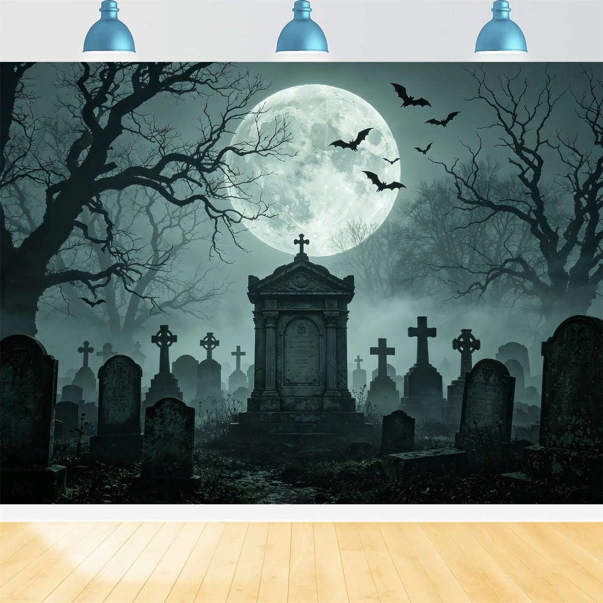 Décor De Fond D'Halloween En Tissu BallonsClair De Lune Cimetière Brumeux Et Monument ZTT67-56