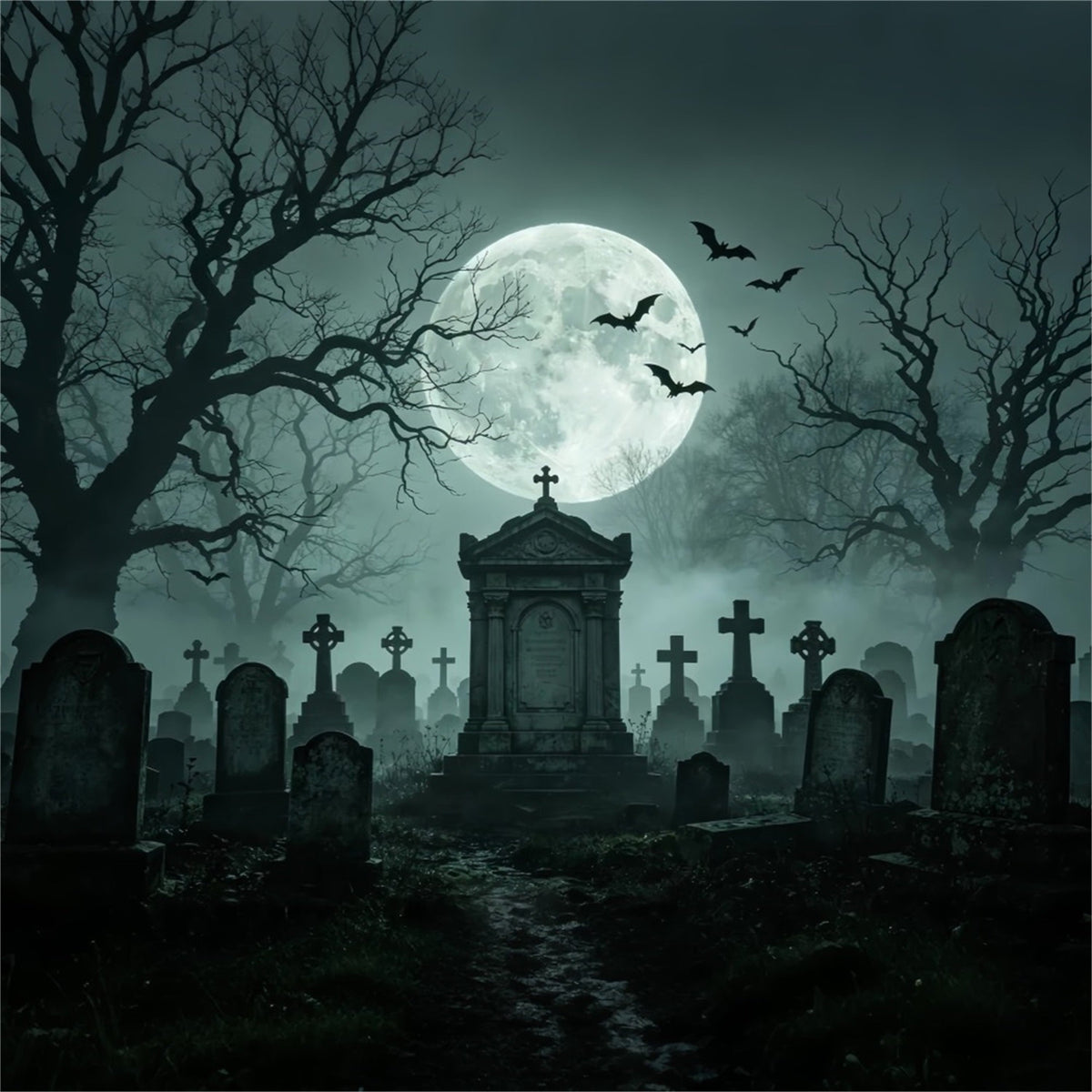 Décor De Fond D'Halloween En Tissu BallonsClair De Lune Cimetière Brumeux Et Monument ZTT67-56
