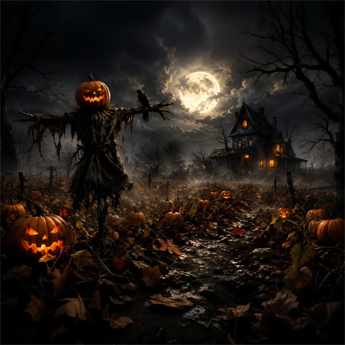 Décor De Ferme Avec Épouvantail Au Clair De Lune Champ De Citrouil les Idées De Bricolage Pour Halloween ZTT67-58