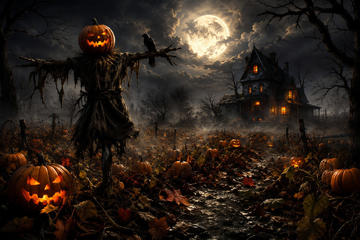 Décor De Ferme Avec Épouvantail Au Clair De Lune Champ De Citrouil les Idées De Bricolage Pour Halloween ZTT67-58