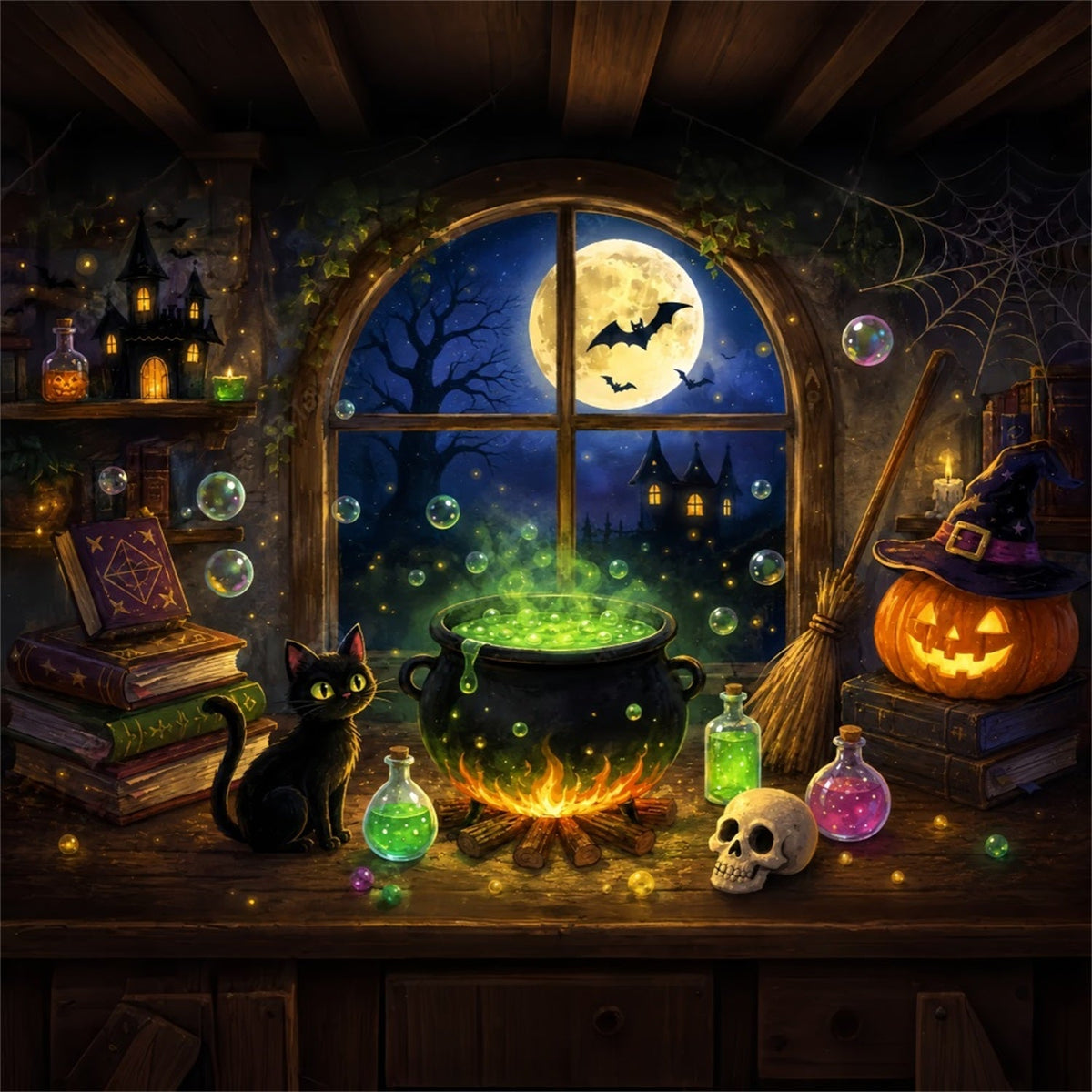 Décor De Cuisine De SorcièreChaudron De Sorcière Au Clair De LuneChaletDécor D'Halloween Simple ZTT67-62