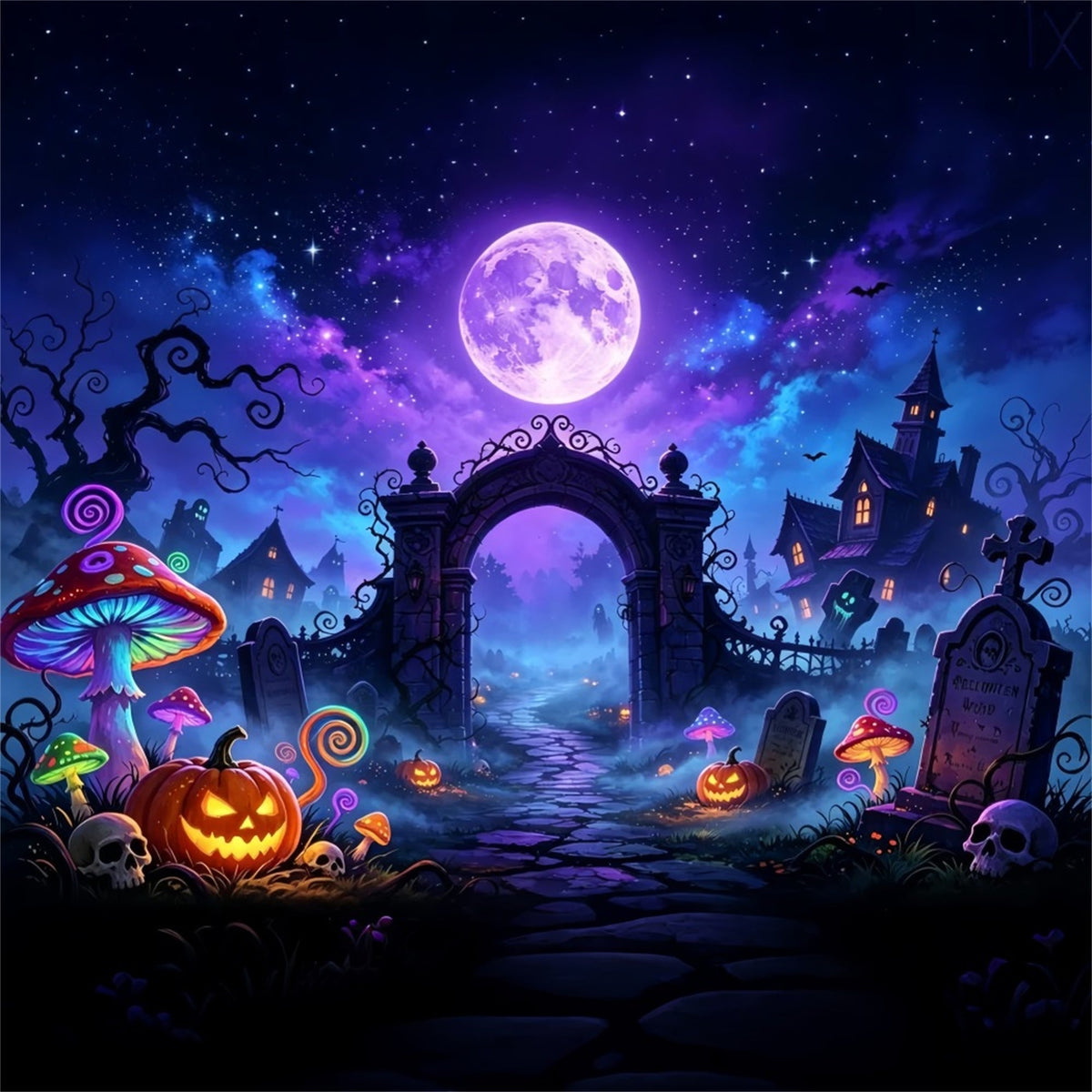 Décor De Grotte Aux Chauves-SourisLune NéonCimetière De ChampignonsDécor D'Halloween Pour Enfants ZTT67-64