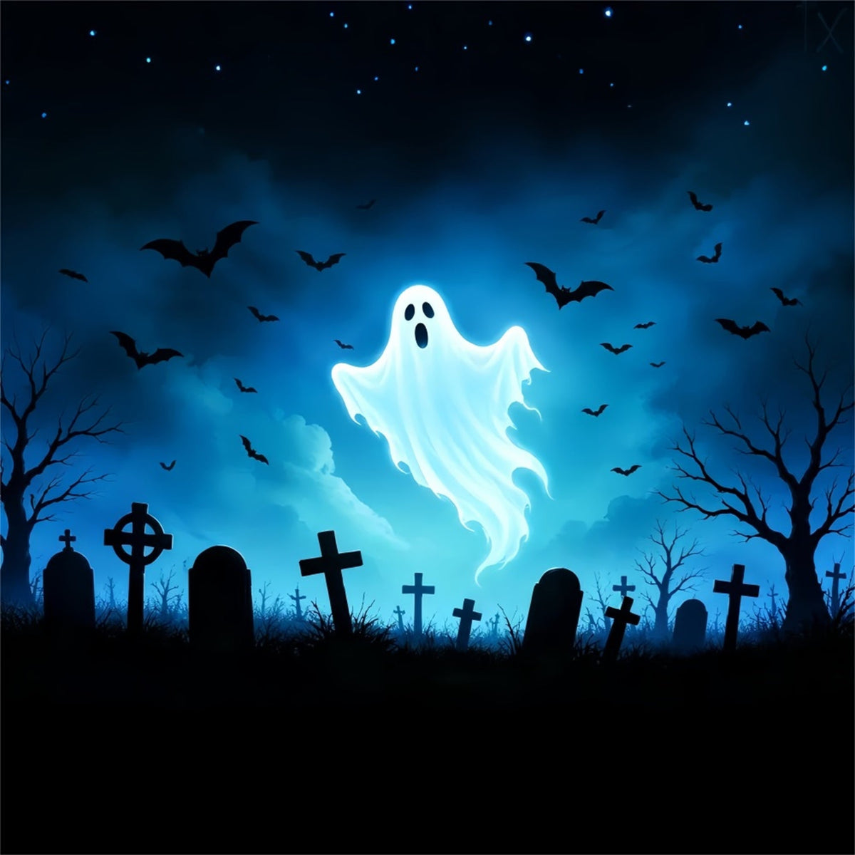 Décor De Fond En Vitrail Fantôme Cimetière De Chauves-Souris Fantômes Lumineux Décors D'Halloween Sympas ZTT67-66