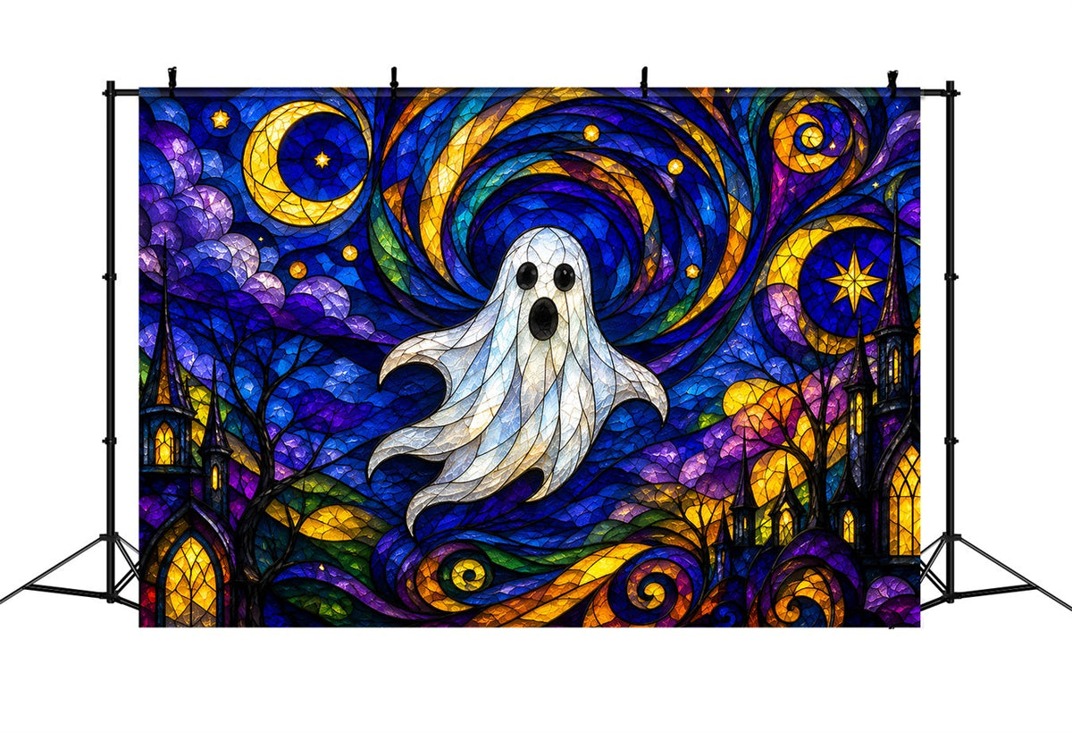 Tapisserie Décorative En Vitrail FantômeFond Clair De Lune Adorable Fantôme Pour Photomaton D'Halloween ZTT67-68