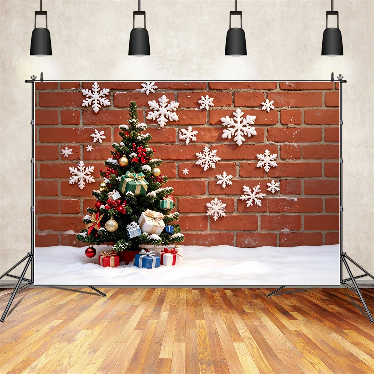 Fond De Flocons De Neige De Noël Décoration D'Arbre Enneigée Sur Mur De Briques Décor De Noël ZTT69-16