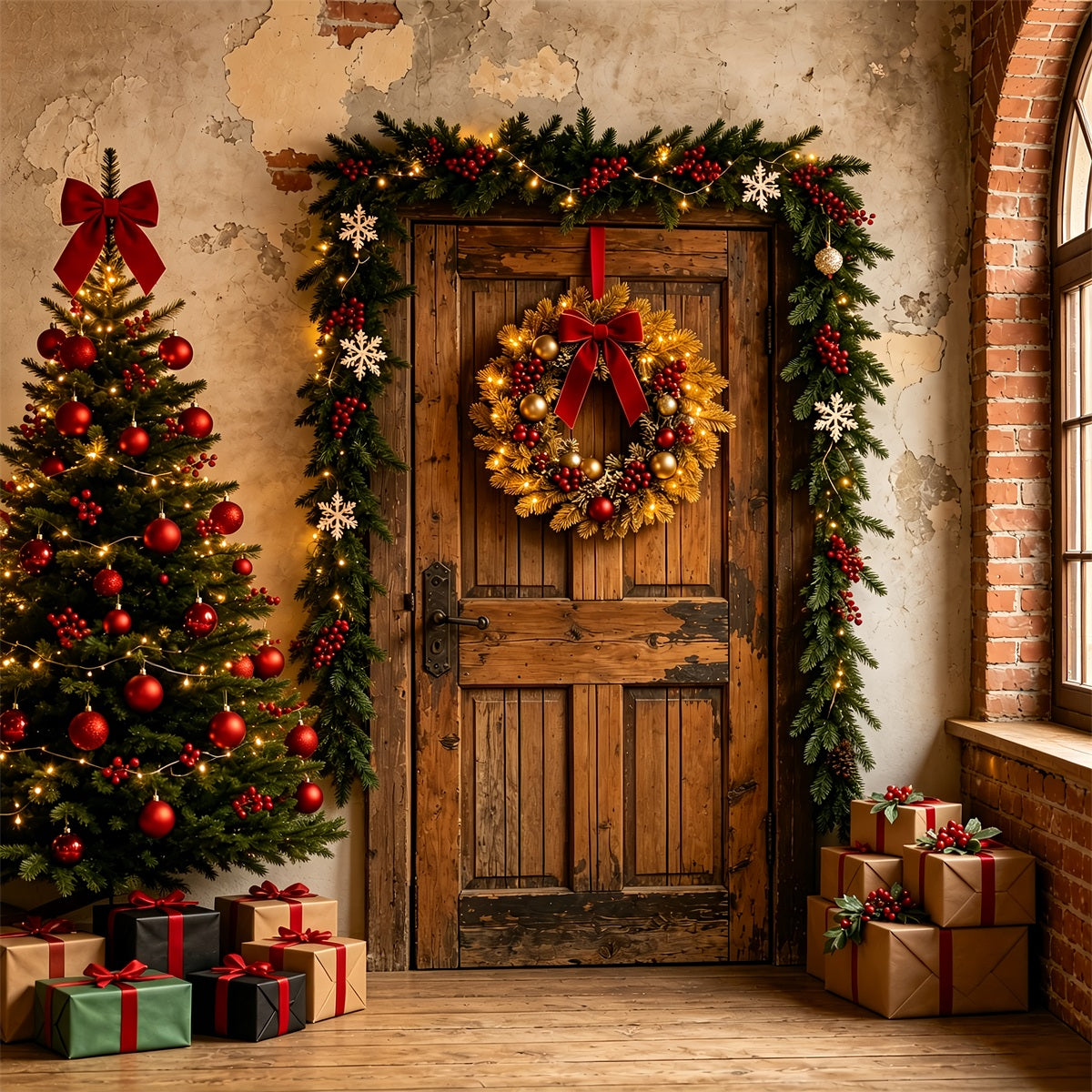 Décor De Noël Couronne De Porte Rustique Fond Mural De Noël ZTT69-2