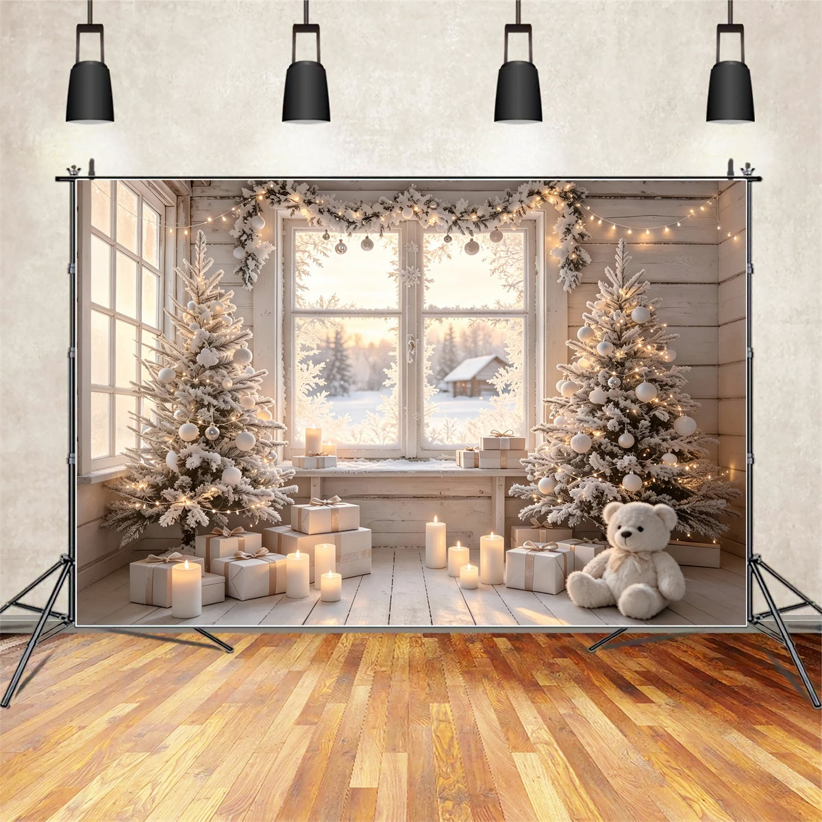 Décor De Cabane De Noël Chambre Avec Fenêtre Blanche Dépolie Fond Photo De Noël ZTT69-20