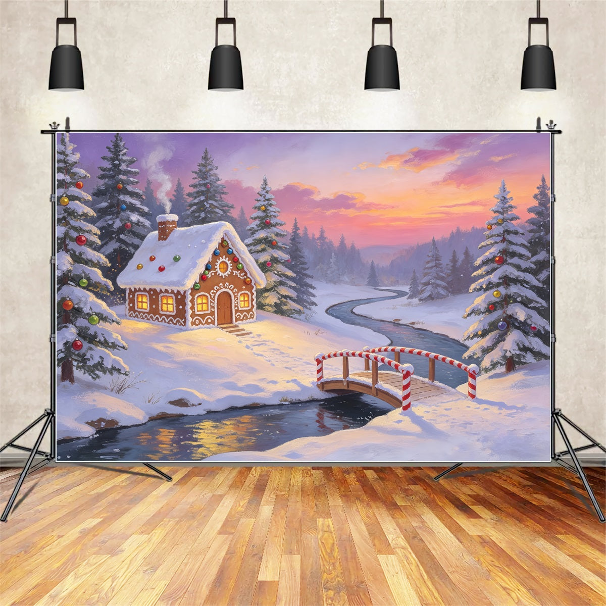 Forêt De Noël En Toile De Fond Rivière Du Pont En Pain D'Épice Grandes Toiles De Fond De Noël ZTT69-21