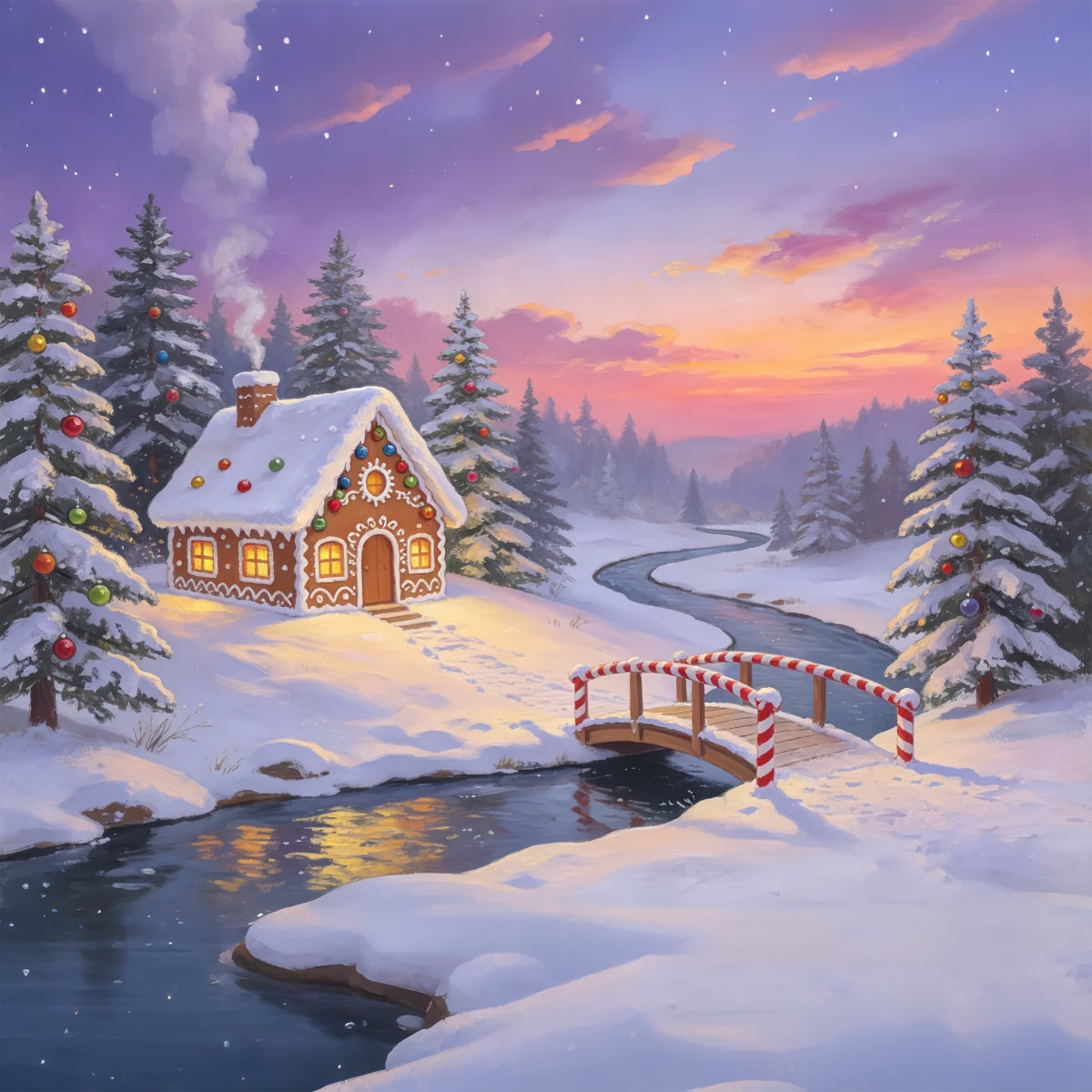 Forêt De Noël En Toile De Fond Rivière Du Pont En Pain D'Épice Grandes Toiles De Fond De Noël ZTT69-21