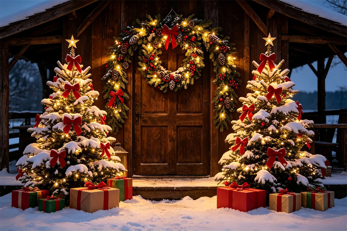 Décor De Porte De Grange De Noël Entrée De Chalet Rustique Enneigé Fond Photographique De Noël ZTT69-31