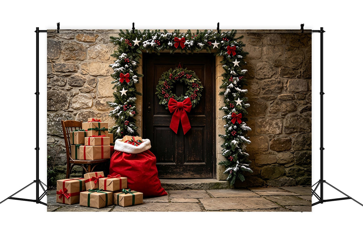 Décor De Noël Champêtre Porte En Pierre Avec Guirlande D'Entrée Fond De Noël En Mousseline ZTT69-45