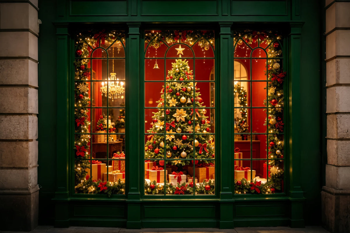 Décor De Vitrine De Noël Vitrine Verte Pour Les Fêtes Fond De Noël Professionnel ZTT69-6