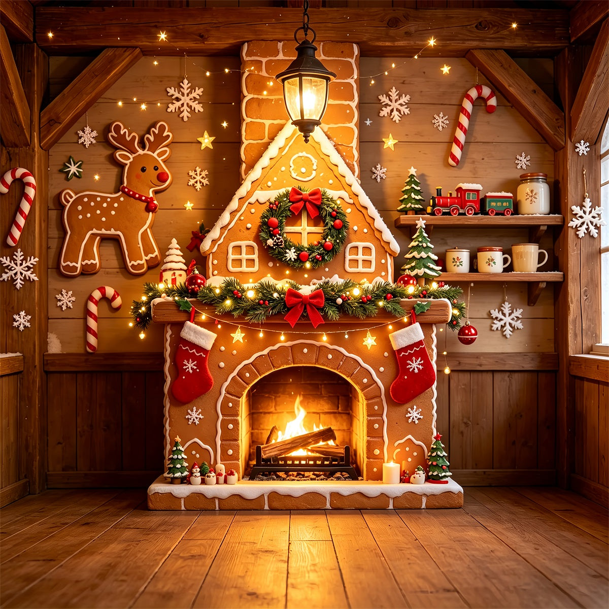 Décor De Noël En Pain D'Épice Chalet En Bois Avec Cheminée Fond Mural De Noël ZTT69-7