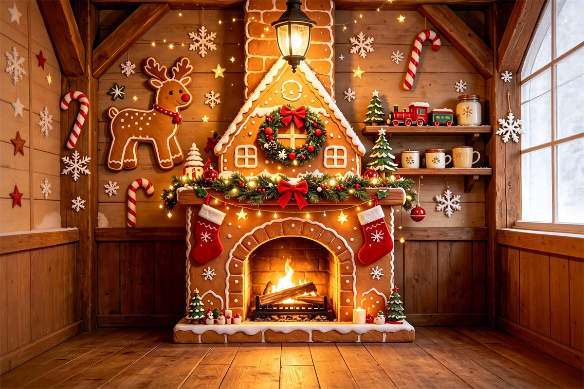 Décor De Noël En Pain D'Épice Chalet En Bois Avec Cheminée Fond Mural De Noël ZTT69-7