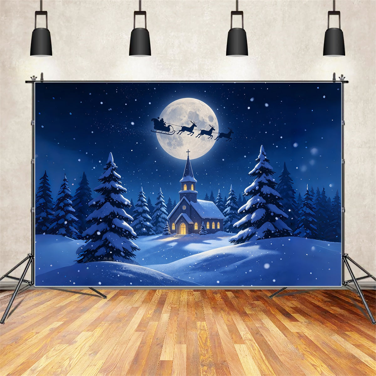 Décor De La Nuit De Noël Église Au Clair De Lune Forêt Enneigée Fond De Noël En Mousseline ZTT69-8