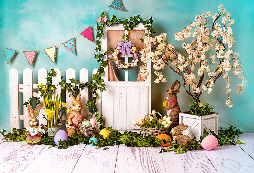 Oeufs de Lapin de Pâques Toile de Fond de Fleurs Colorées D1053