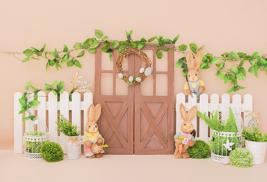 Pâques Grange Porte Lapin Fleurs Photo Toile de Fond D1054