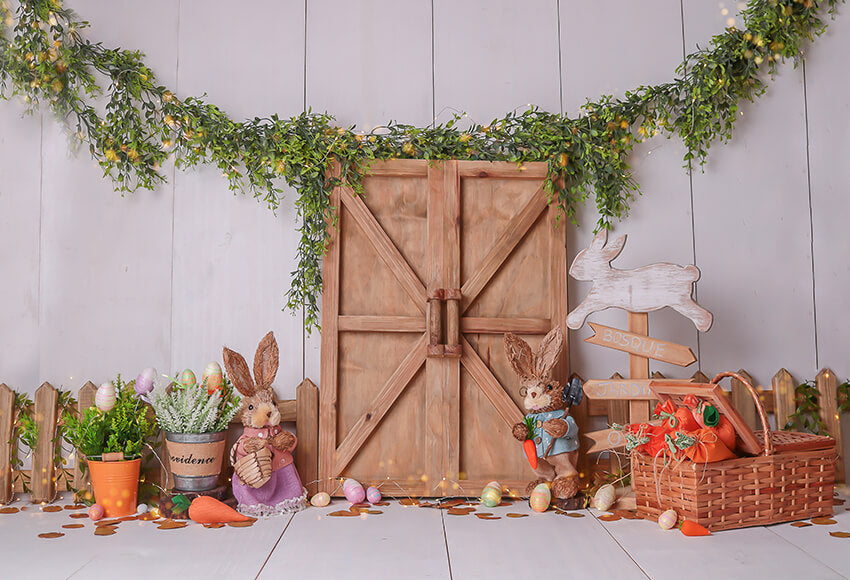 Grange Porte Lapin Fleurs Fond de Pâques D1058