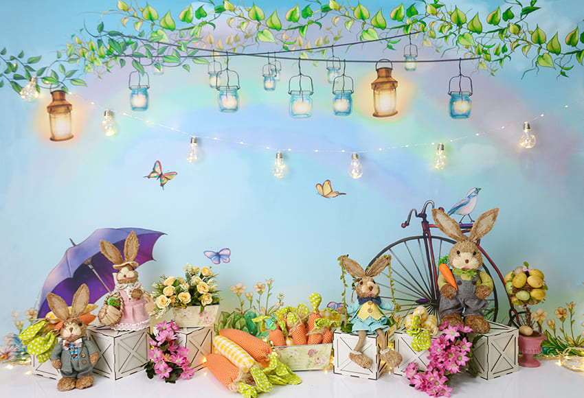 Décoration de Pâques Toile de Fond Lapin Fleurs D1075