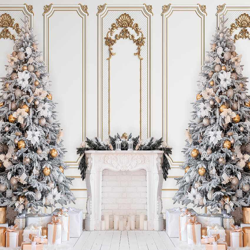 Toile de Fond Bois Mur Arbres de Noël Cheminée Photo  D916