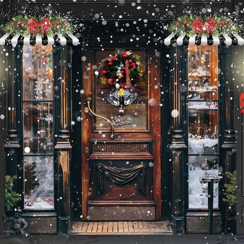 Toile de fond de porte de magasin de Noël d'hiver enneigé D928
