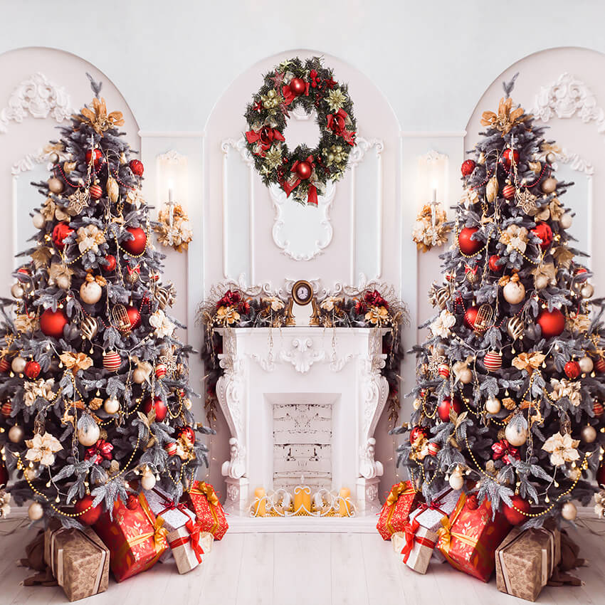 Cheminée confortable arbre de Noël cadeaux maison toile de fond D937