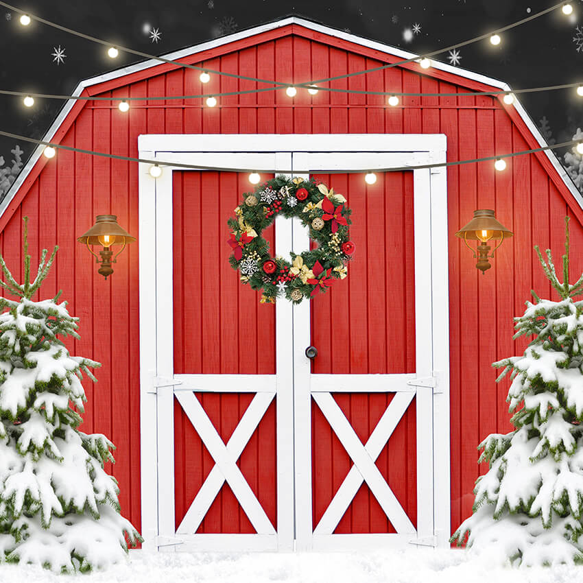 Toile de fond de porte de grange rouge de neige extérieure de Noël D957