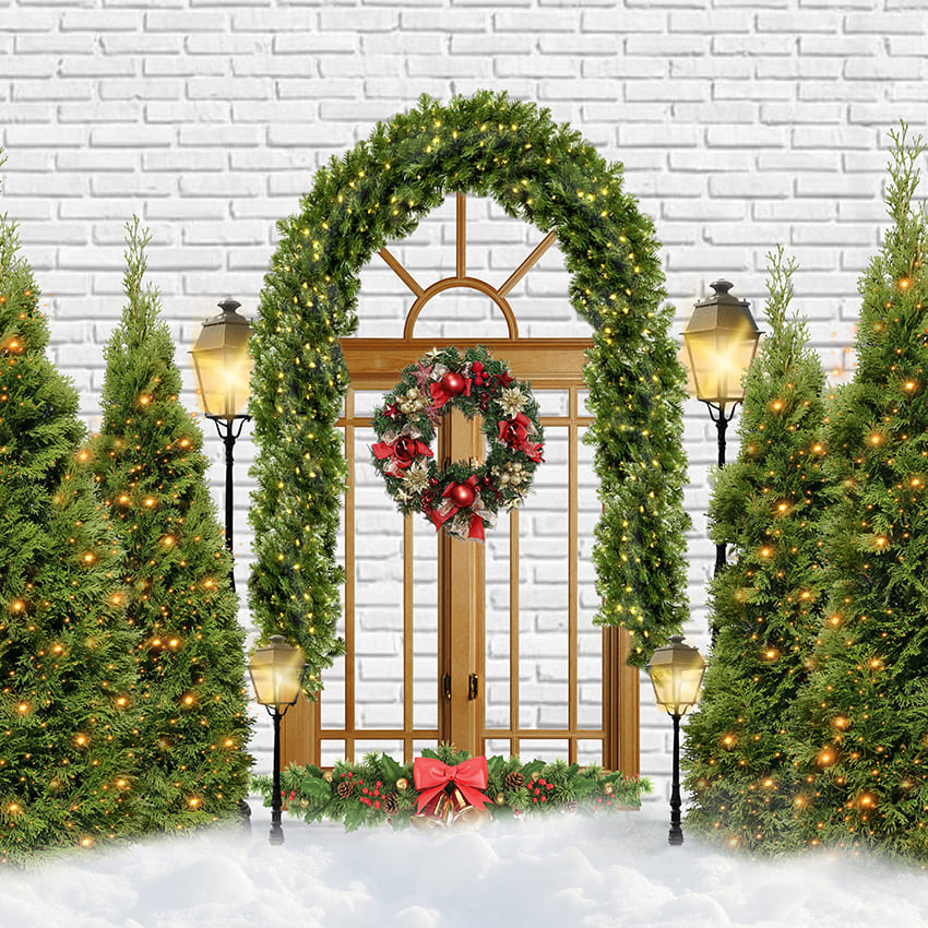 Toile de fond de photo de porte d'arche d'arbre de Noël D973